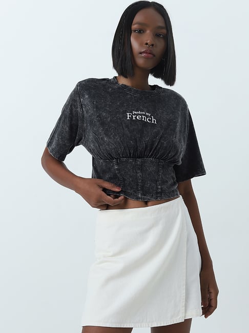 Nuon by Westside Charcoal Faded Text Printed Cotton T-Shirt