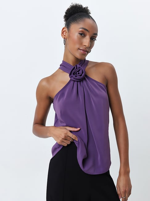 Wardrobe by Westside Purple Rosette Detailed Halter-Neck Top