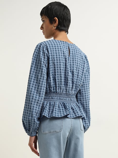 Buy LOV by Westside Blue Gingham Checkered Peplum Top for Online Tata CLiQ