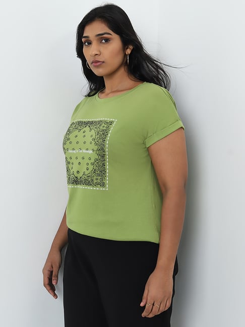 Gia by Westside Green Text Printed T-Shirt