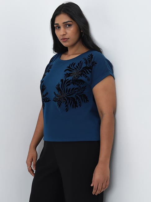 Gia by Westside Teal Floral Printed Cotton T-Shirt