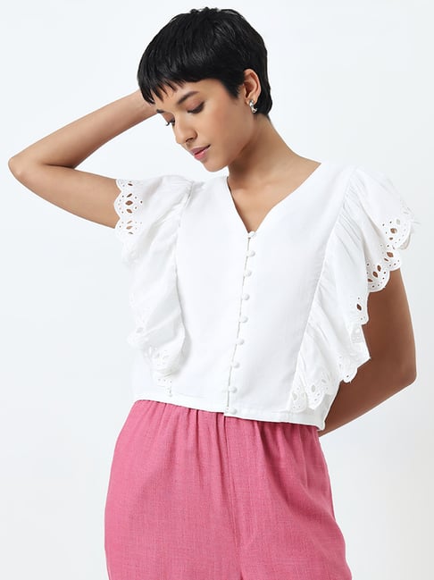 LOV by Westside White Schiffli Detailed Cotton Top