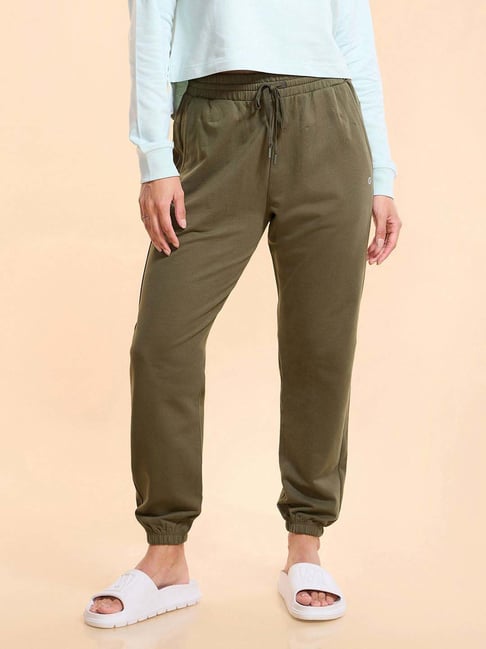Enamor Olive Green Cotton High Rise Joggers
