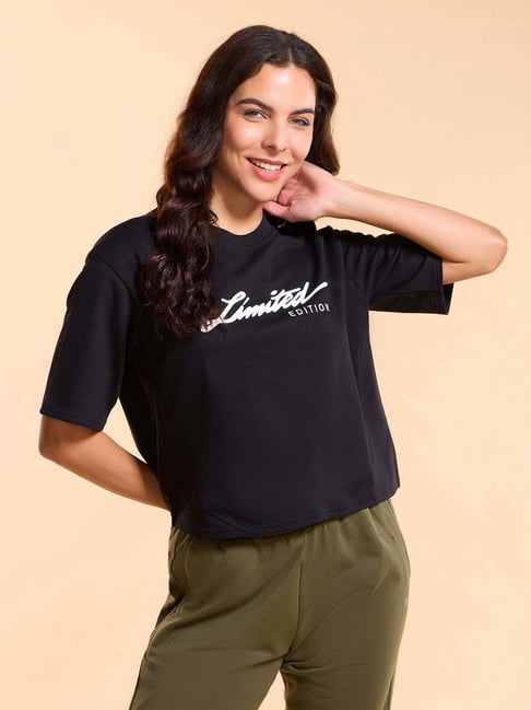 Enamor Jet Black Cotton Printed T-Shirt