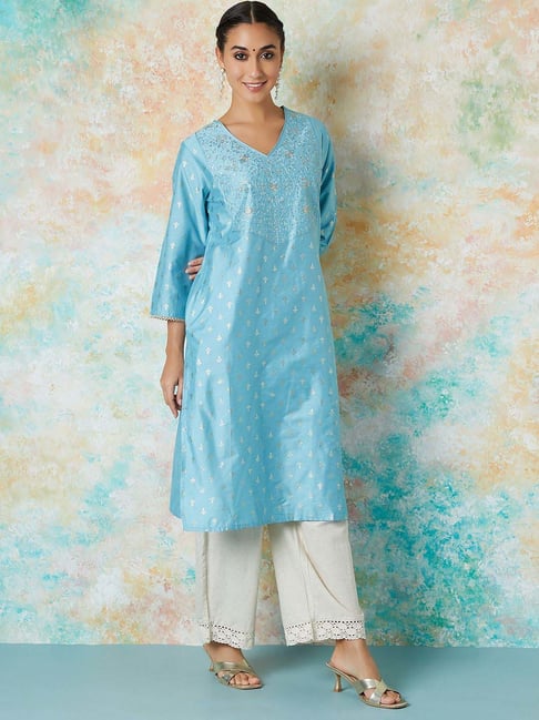 Melange by Lifestyle Blue Embroidered Straight Kurta-picture-11