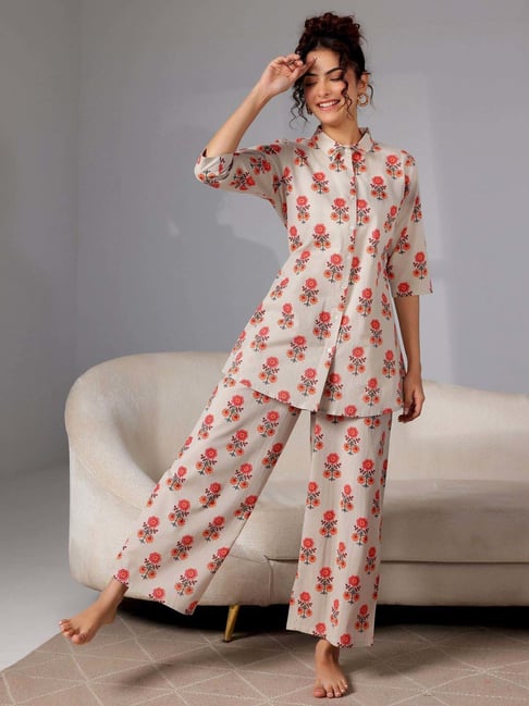 Buy Libas Off White Cotton Printed Shirt Pyjama Set for Women