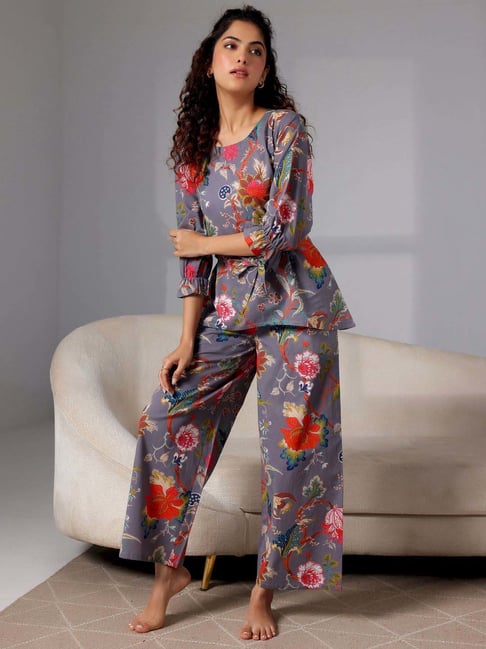 Libas Grey Cotton Printed Kurti Pyjama Set