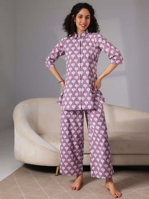 Libas Purple Cotton Printed Shirt Pyjama Set