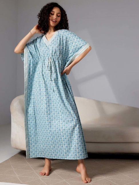 Libas Blue Cotton Printed Kaftan