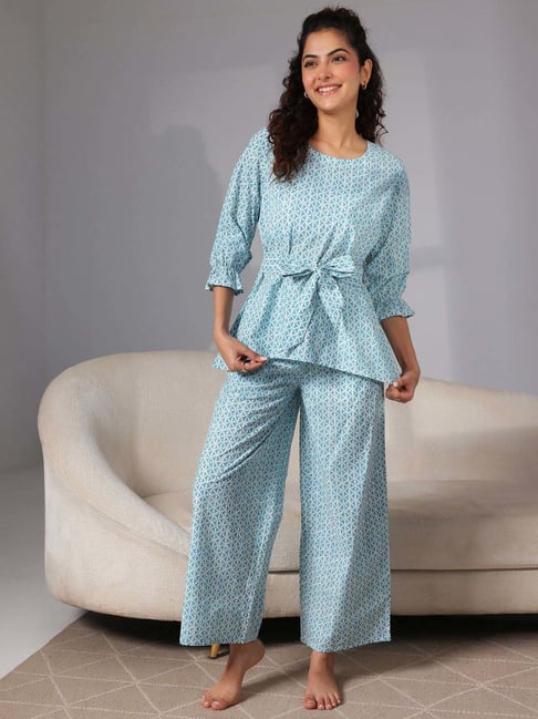 Buy Libas Blue Cotton Printed Top Pyjama Set for Women Online
