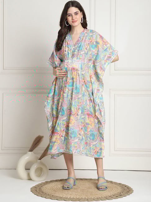 Secret Wish Aqua Floral Print Maternity Kaftan Dress