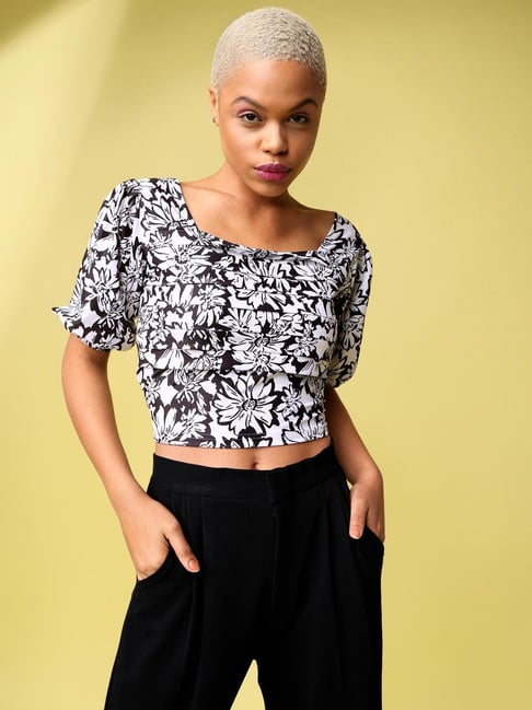 PURVAJA Black & White Floral Print Crop Top
