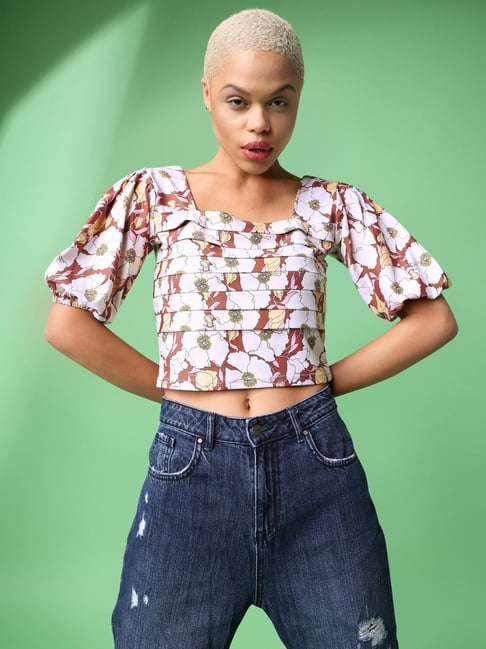 PURVAJA Brown Floral Print Crop Top