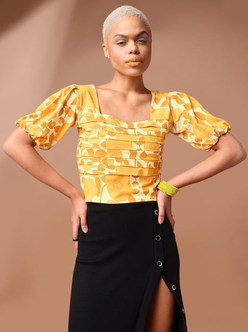 PURVAJA Yellow Printed Crop Top