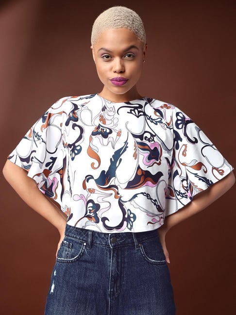PURVAJA White Printed Crop Top
