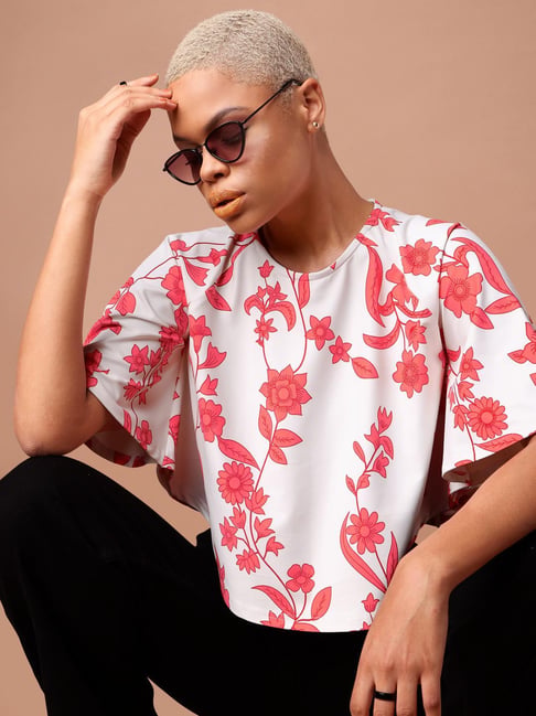 PURVAJA Red & White Floral Print Crop Top