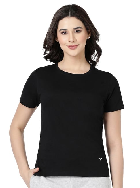 BLOSSOM Black Cotton Regular Fit T-Shirt