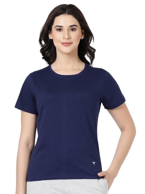 BLOSSOM Navy Cotton Regular Fit T-Shirt