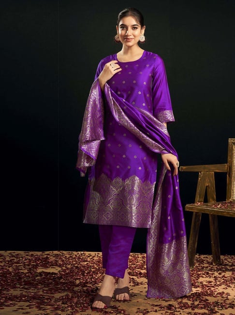 Skylee Purple Woven Pattern Kurta Pant Set With Dupatta