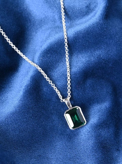 Clara 925 Silver Platinum Plated Green Solitaire Pendant with Chain