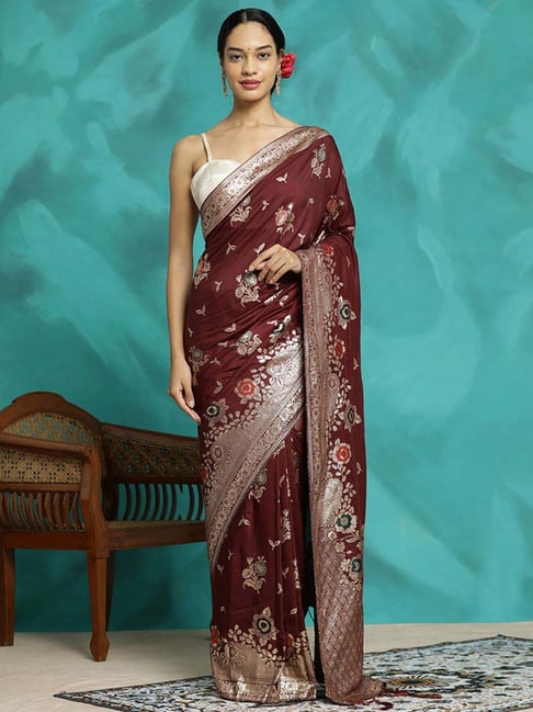 Jaipur Kurti Burgundy Woven Saree With Unstitched Blouse-picture-44