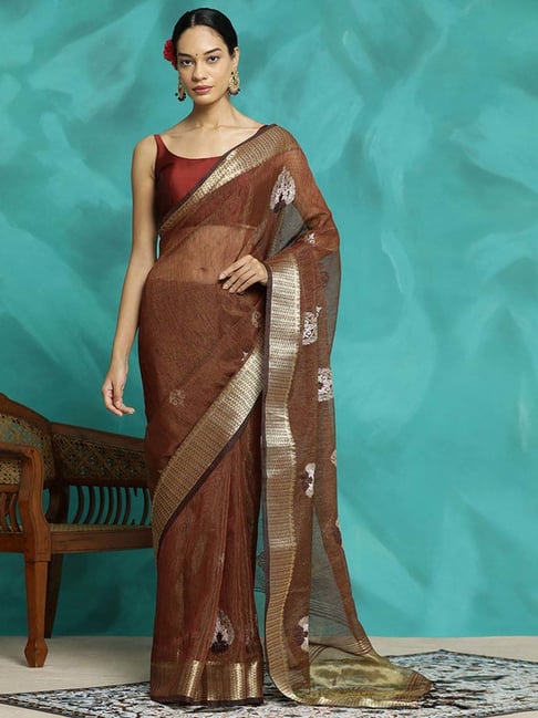 Jaipur Kurti Brown Embroidered Saree With Unstitched Blouse-picture-46