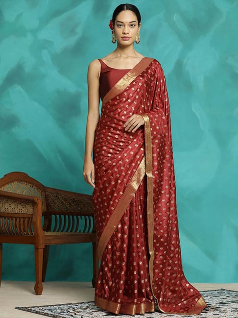 Jaipur Kurti Maroon Woven Saree With Unstitched Blouse-picture-33