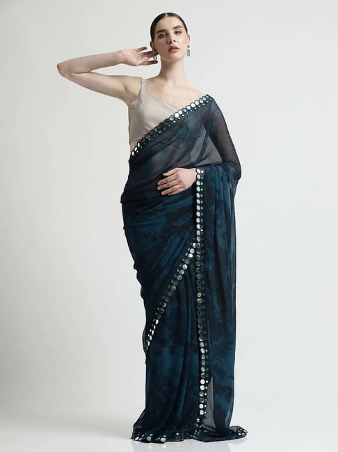 Jaipur Kurti Blue Tie & Dye Saree With Unstitched Blouse-picture-34