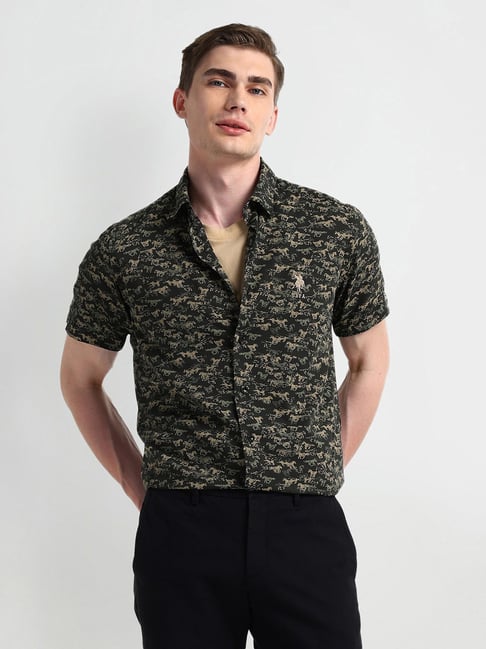 Polo Jet Black Slim Fit Printed Shirt