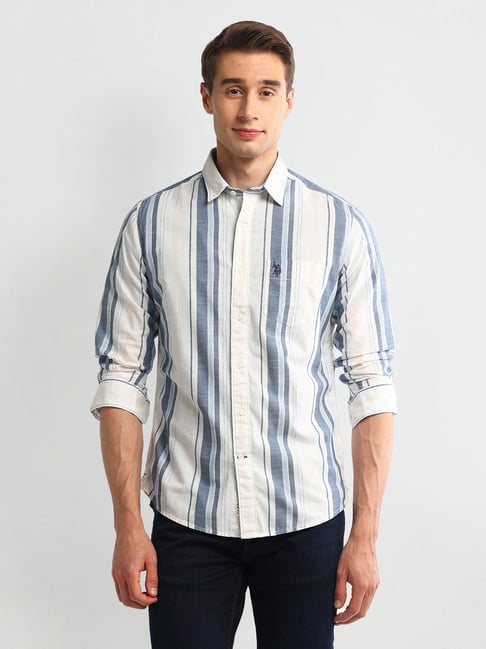 Polo Blue White Slim Fit Striped Cotton Shirt
