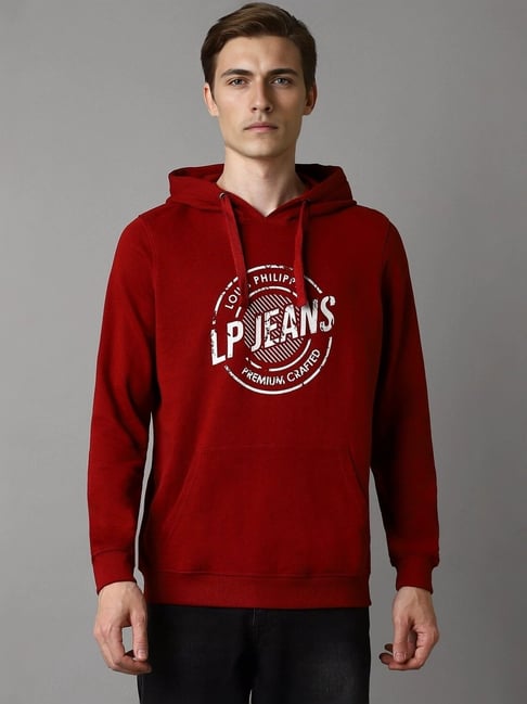 Louis Philippe Red Cotton Regular Fit Printed Hooded Sweatshirt-picture-30