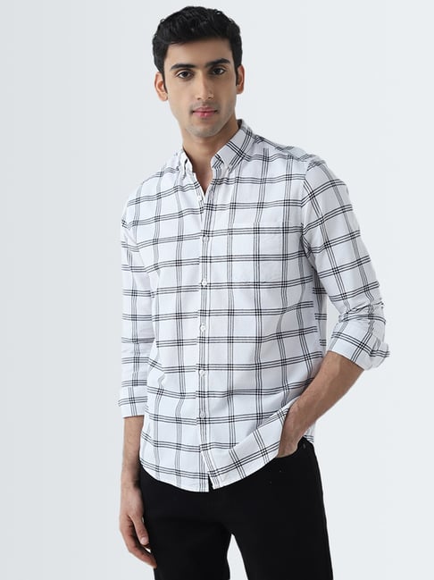 WES Casuals by Westside White Checkered Slim-Fit Cotton Shirt