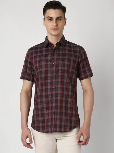 Van Heusen Maroon Cotton Slim Fit Checks Shirt-picture-30