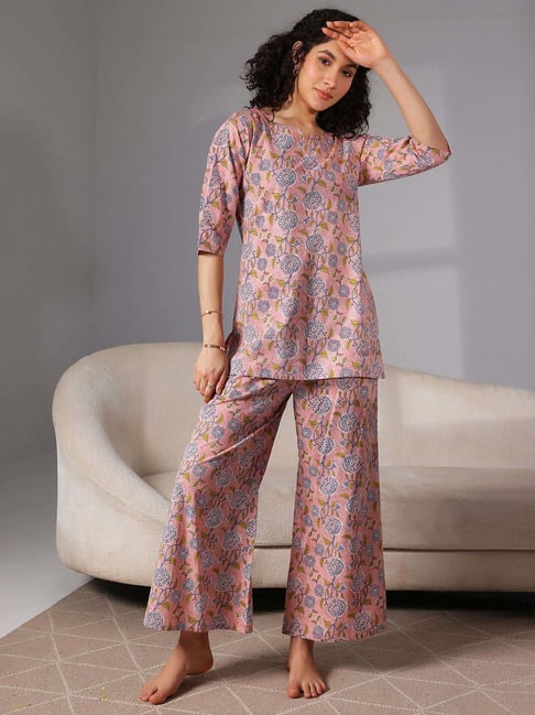 Libas Peach Cotton Printed Tunic Pyjamas Set