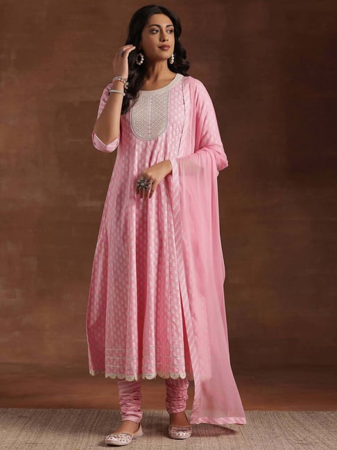 Buy Libas Pink Cotton Printed Kurta Churidar Set With Dupatta for