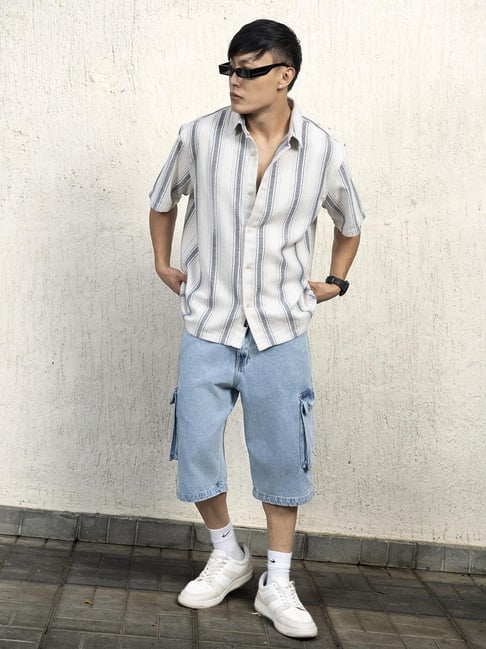 Buy Hubberholme Men Cotton Short Sleeves Oversized Striped Shirt