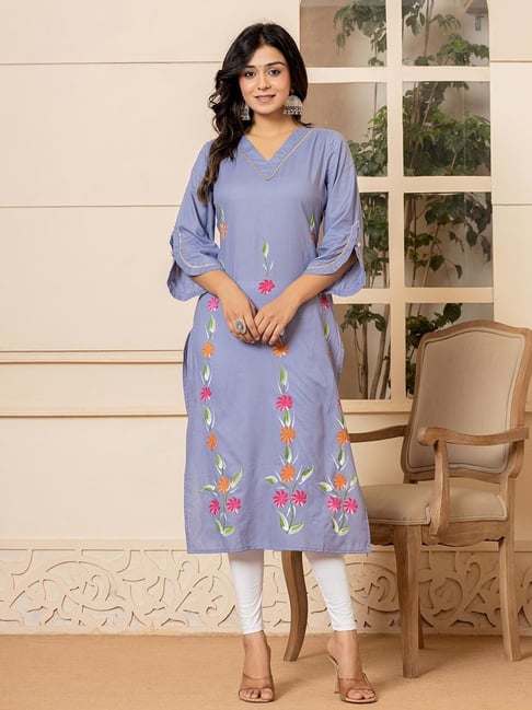 Yufta Blue Cotton Floral Print Straight Kurta-picture-27