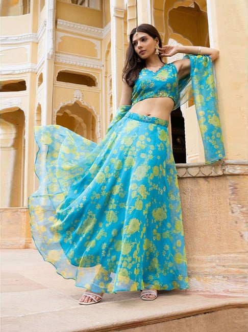 W Blue Printed Crop Top Skirt Set With Dupatta