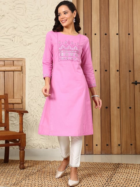 Buy W Pink Cotton Embroidered Straight Kurta for Women Online