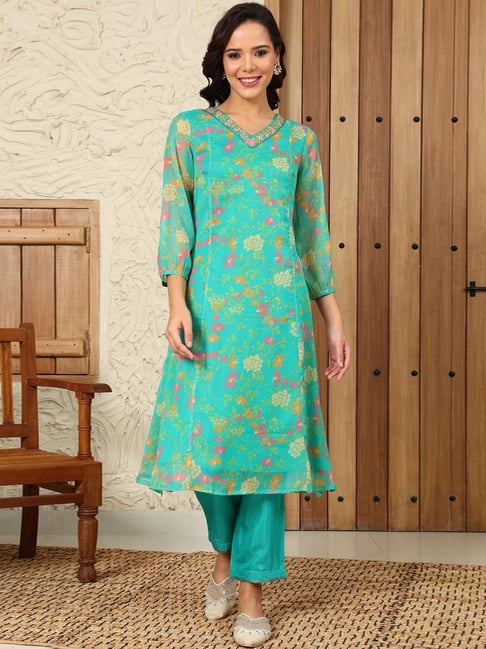 W Blue Cotton Printed A Line Kurta-picture-48