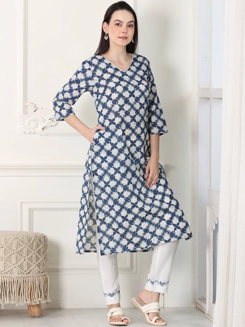 W Blue Cotton Printed Straight Kurta-picture-37