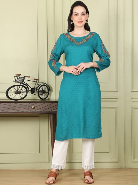 W Blue Embroidered Straight Kurta-picture-37