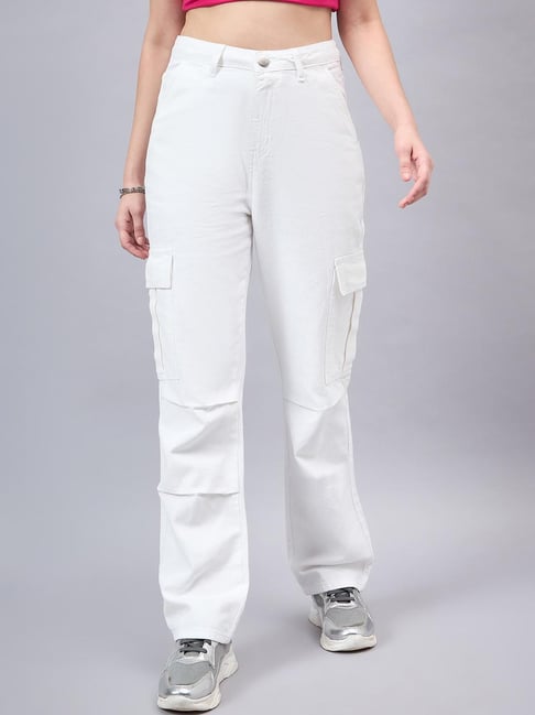 Style Quotient White Cotton Regular Fit Cargo Jeans