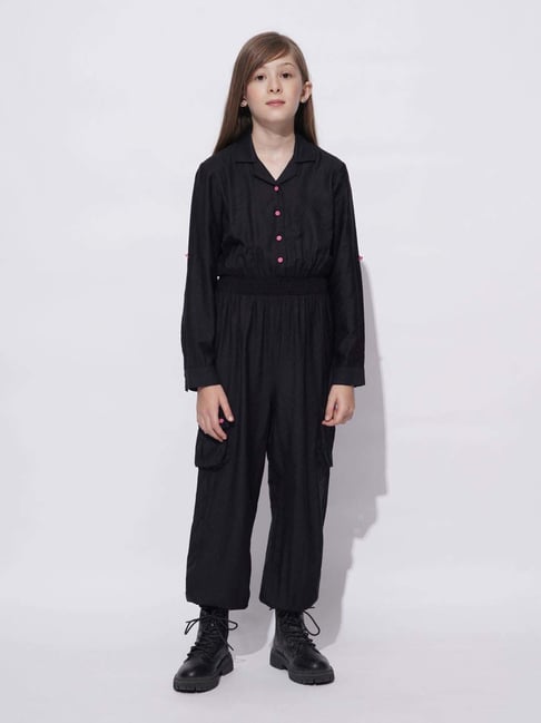 Vero Moda Girls Jet Black Solid Full Sleeves Jumpsuit - Main Image