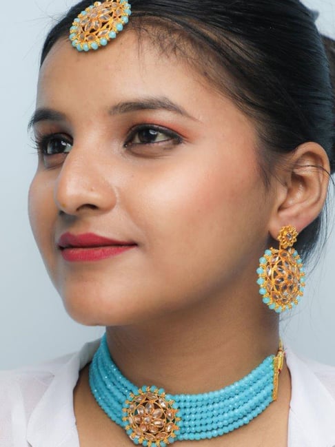 VOJ Gold Plated Blue Beads Kundan Choker Jewellery Set with Mang Tikka for Women-picture-11
