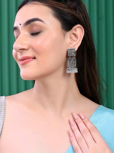 VOJ Black-Toned AD Studded Square Dome Shaped Jhumka Earrings for Women-picture-25