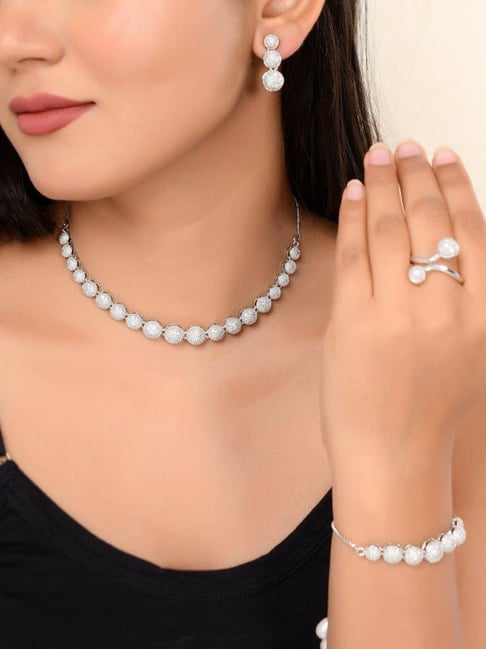 VOJ Silver Plated AD studded Necklace, Earrings with Ring and