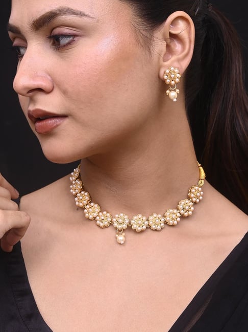 VOJ Gold Plated Pearl Studded Floral Necklace and Earrings for Women