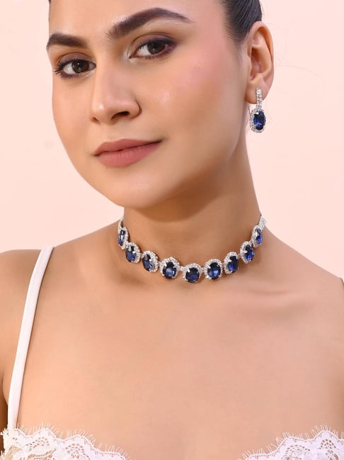 Buy VOJ Ad-Stone Studded with Dark Blue Stone Choker Set for Women