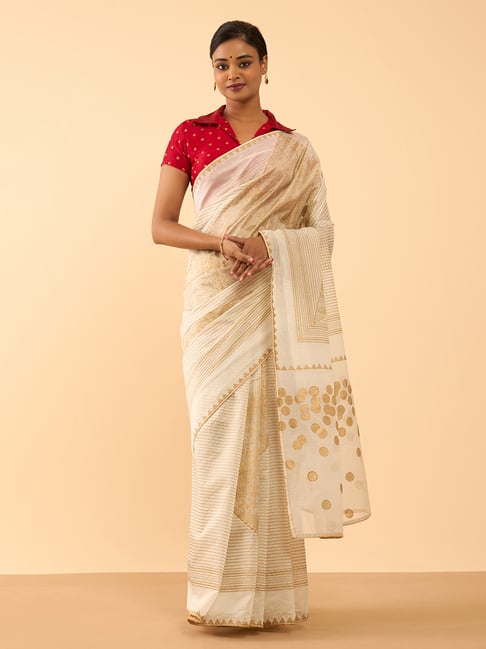 Taneira Off White Cotton Silk Embroidered Saree With Blouse-picture-19